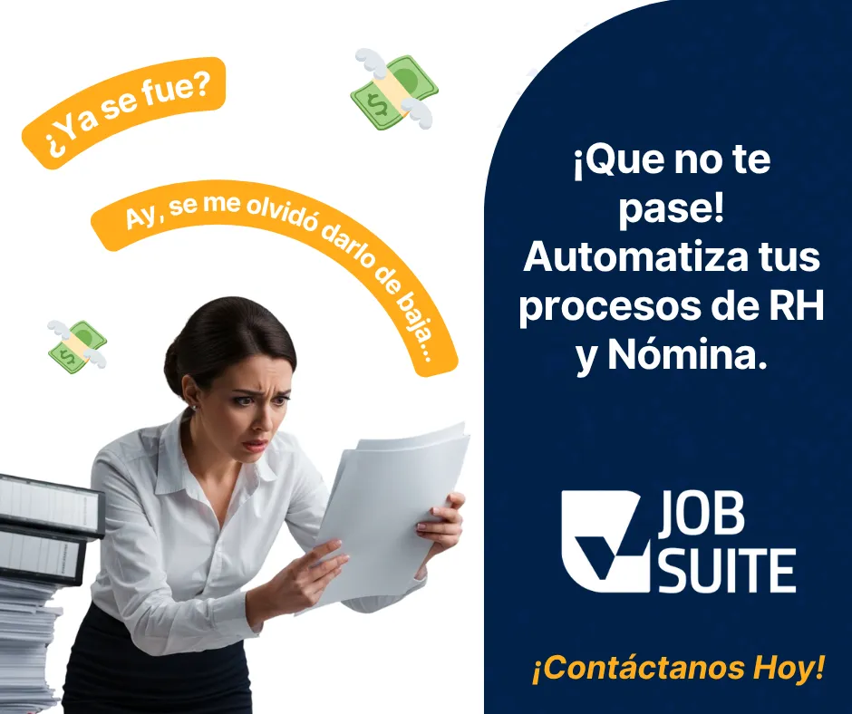 La imagen retrata un escenario común y frustrante en la gestión de RH: un error de proceso que lleva a pérdidas financieras, simbolizado por billetes volando. La expresión de la mujer resalta la importancia de no olvidar tareas críticas como la baja de un empleado. La solución propuesta es clara: un software de recursos humanos que automatiza y simplifica la gestión de nómina y otros procesos, asegurando que estos costosos errores no vuelvan a ocurrir.