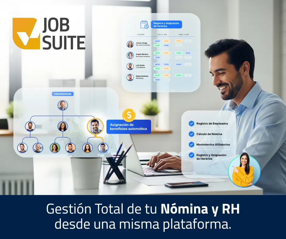 Una plataforma de gestión integral de Recursos Humanos y Nómina. Un profesional utiliza el sistema para supervisar diversas tareas, como el registro de empleados y la asignación de horarios. El uso de este tipo de software permite optimizar y automatizar los flujos de aprobación, facilitando que la empresa gestione de manera eficiente procesos clave como los beneficios, la nómina y la estructura organizativa, todo desde un solo lugar.