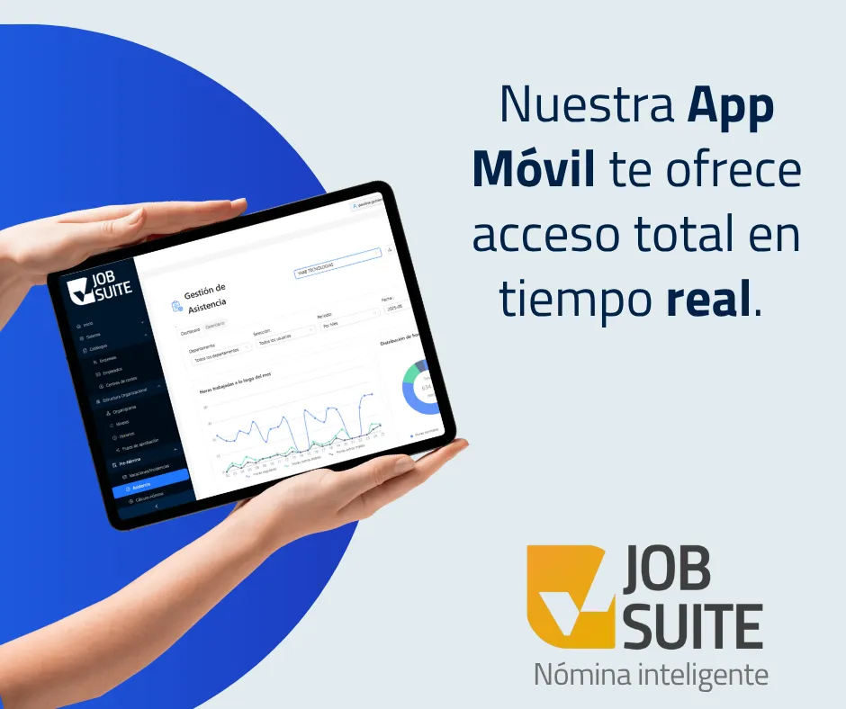 Una tableta muestra "Gestión de Asistencia". El texto promociona la gestión de empleados y el acceso total desde la App.