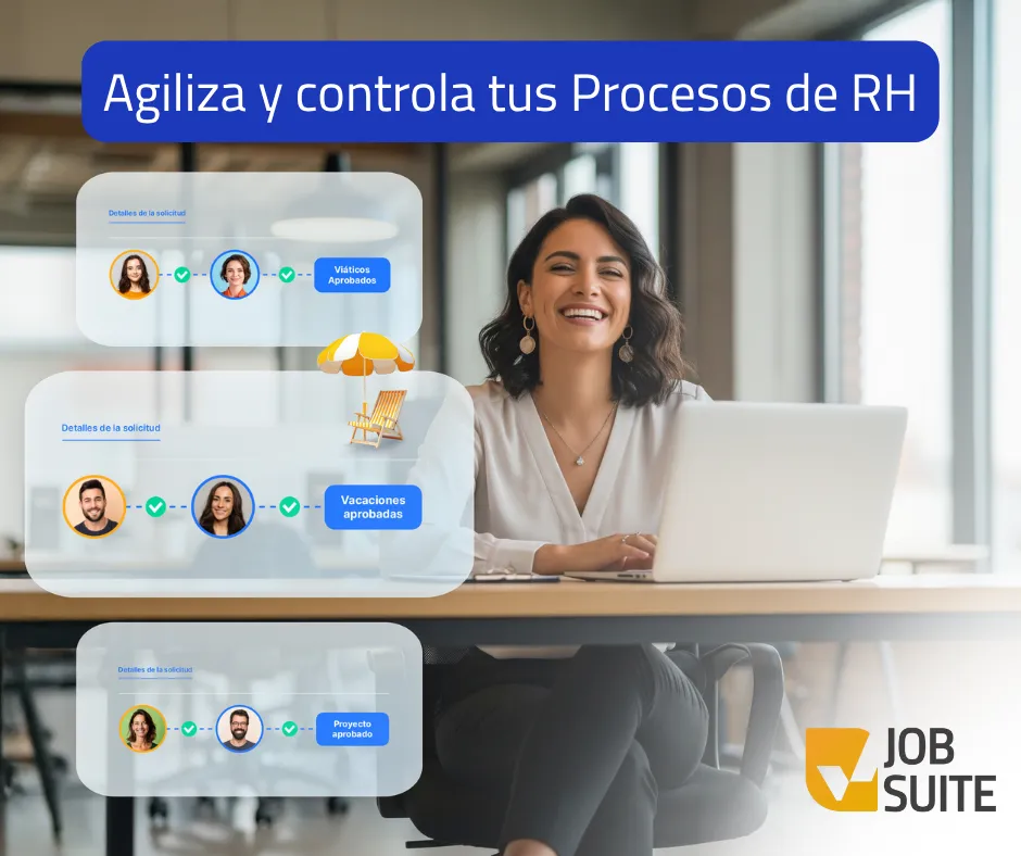 Mujer en oficina usando software de RH para agilizar aprobaciones, alineado al cumplimiento de la nom 035.